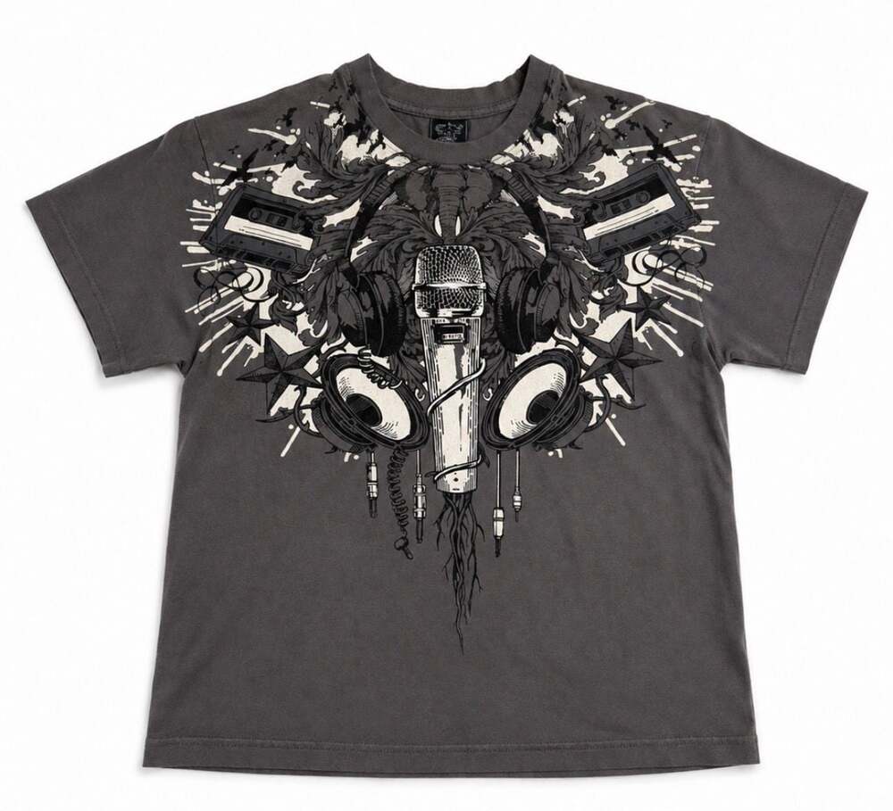 FLUX Vintage Y2K Music Graphic T-Shirt Microphone Cassette Headphones Size 10/12